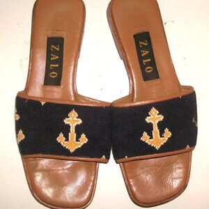 ZALO Navy, Goldenrod & White Anchor Motif Needlepoint Flat Slide Sandals 7.5M